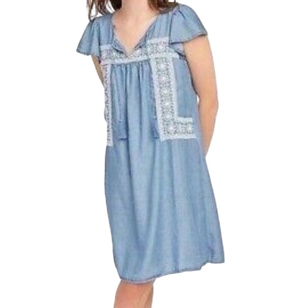 Embroidered Chambrey Dress Tensel Boho Flutter Sleeve Cottagecore Coquette Y2K